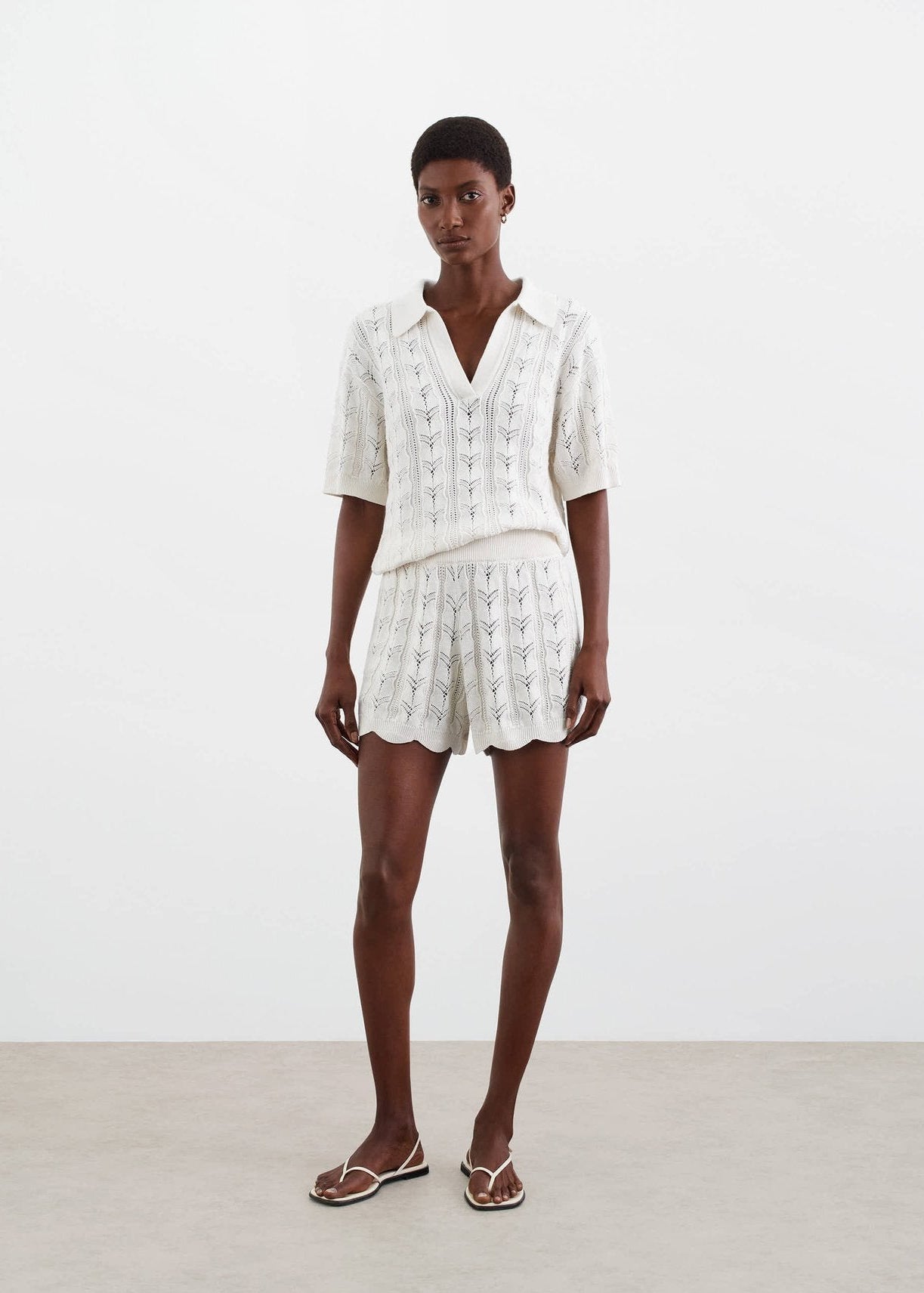 White Cashmere blend Crochet Pique Polo