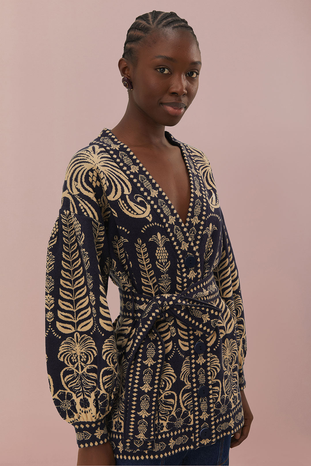 navy blue ainika tropical splendor maxi dress FARM Rio Navy Blue Ainika Tropical Splendor Knit Belted Jacket
