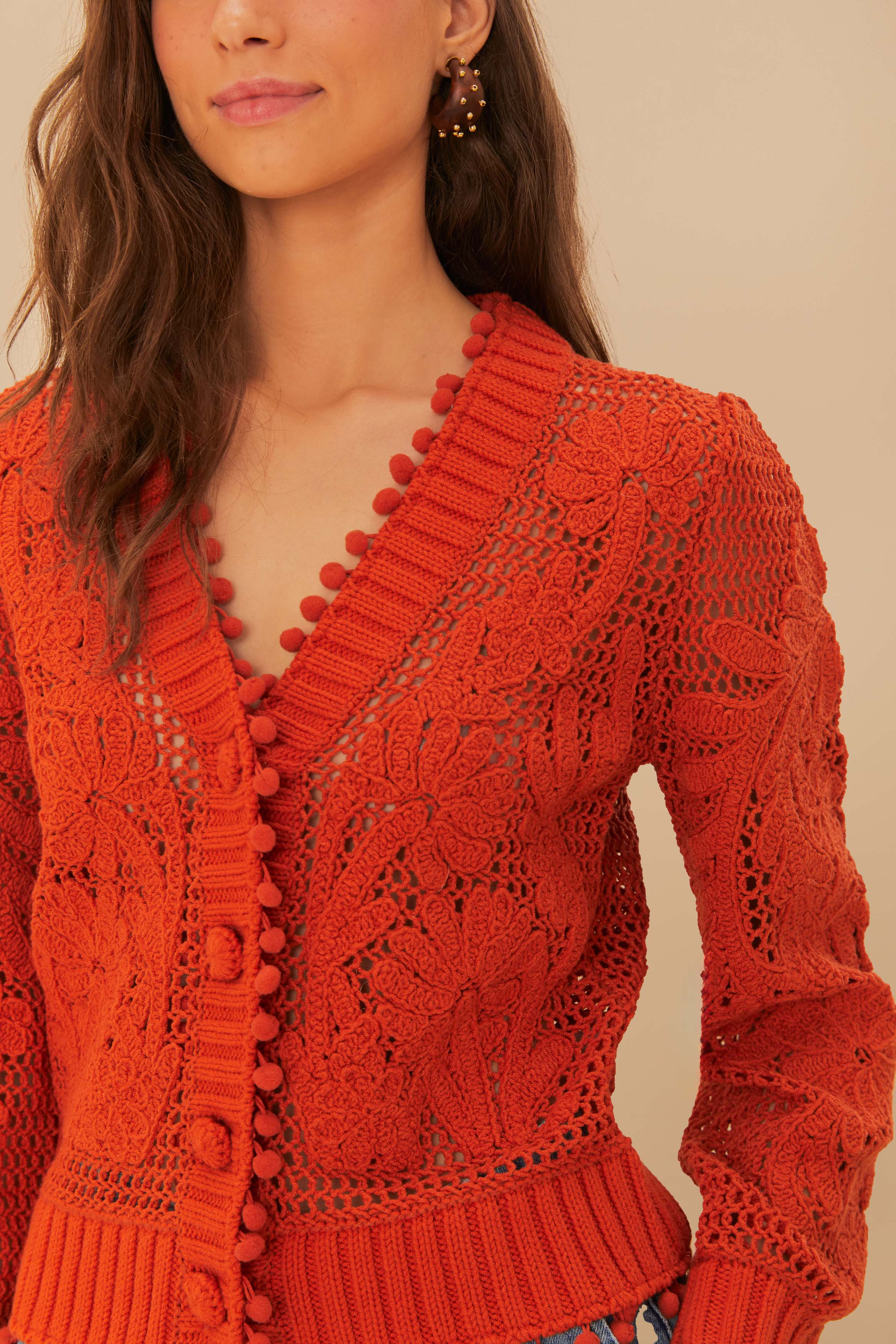 Orange Floral Knit Cardigan