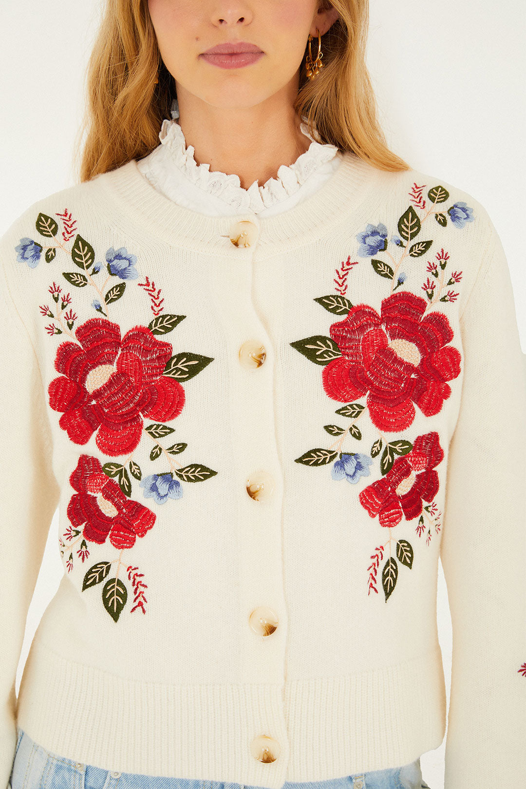 CREAM FLOWERS EMBROIDERED KNIT CARDIGAN