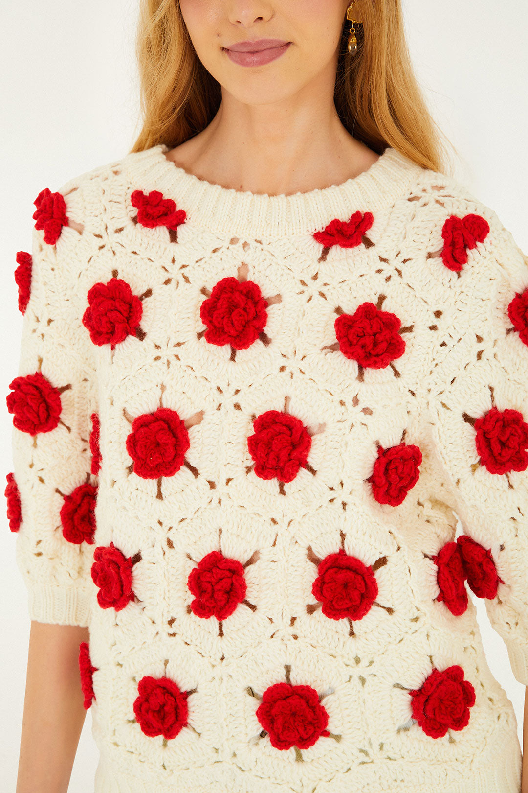FLOWER CROCHET RED KNIT BLOUSE