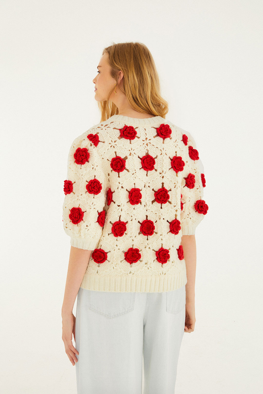 FLOWER CROCHET RED KNIT BLOUSE