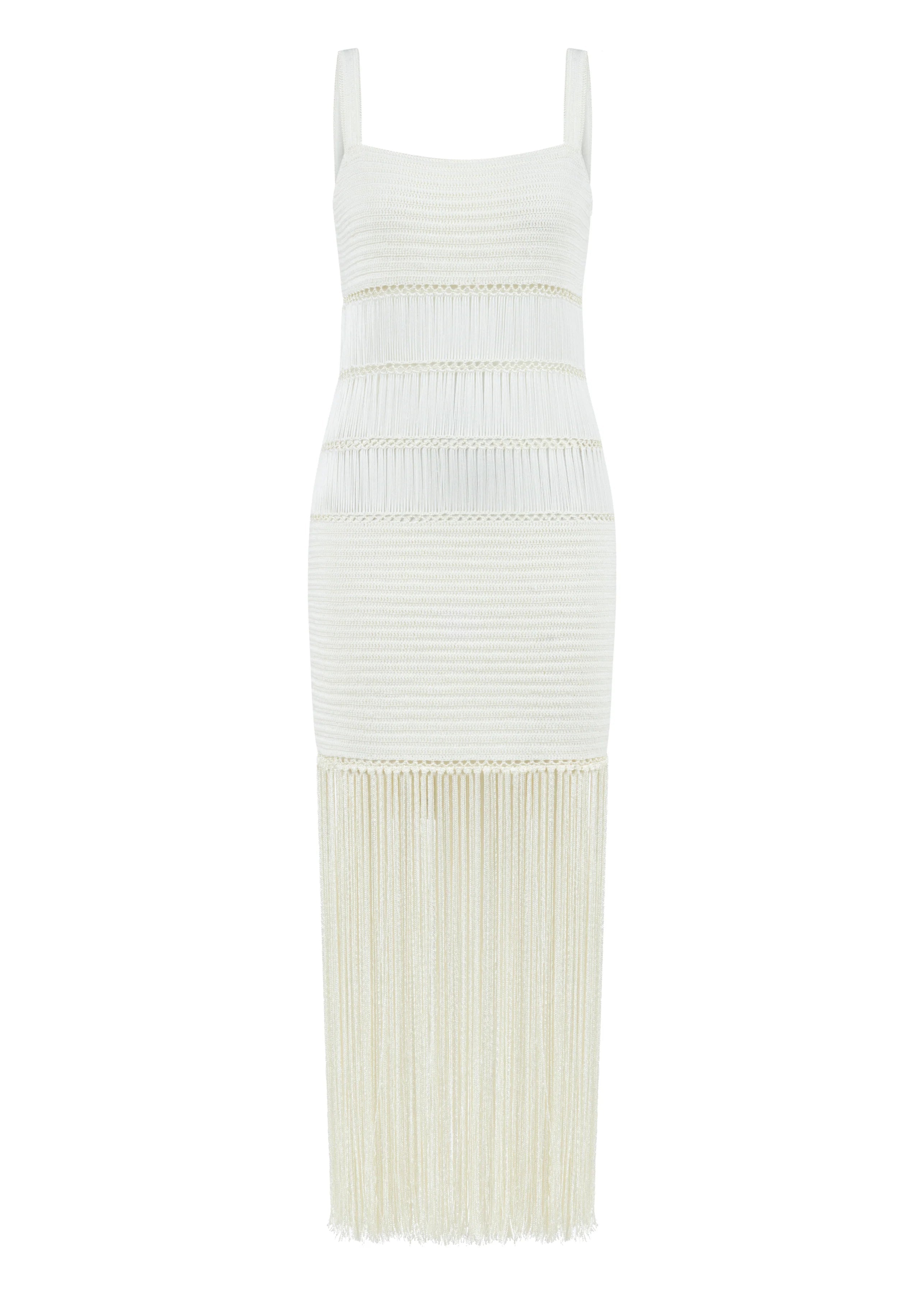 Bonbon Ivory Hand-Crocheted Fringe Maxi Dress