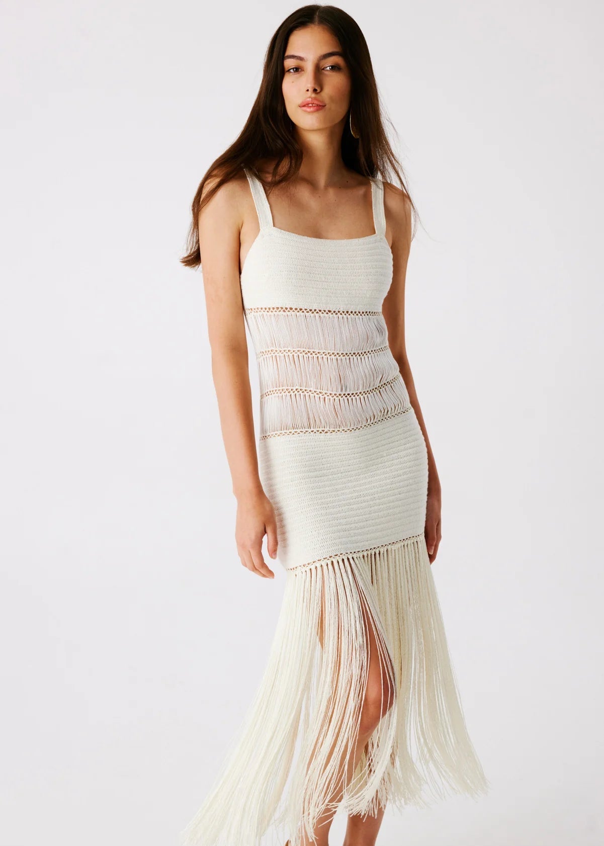 Bonbon Ivory Hand-Crocheted Fringe Maxi Dress