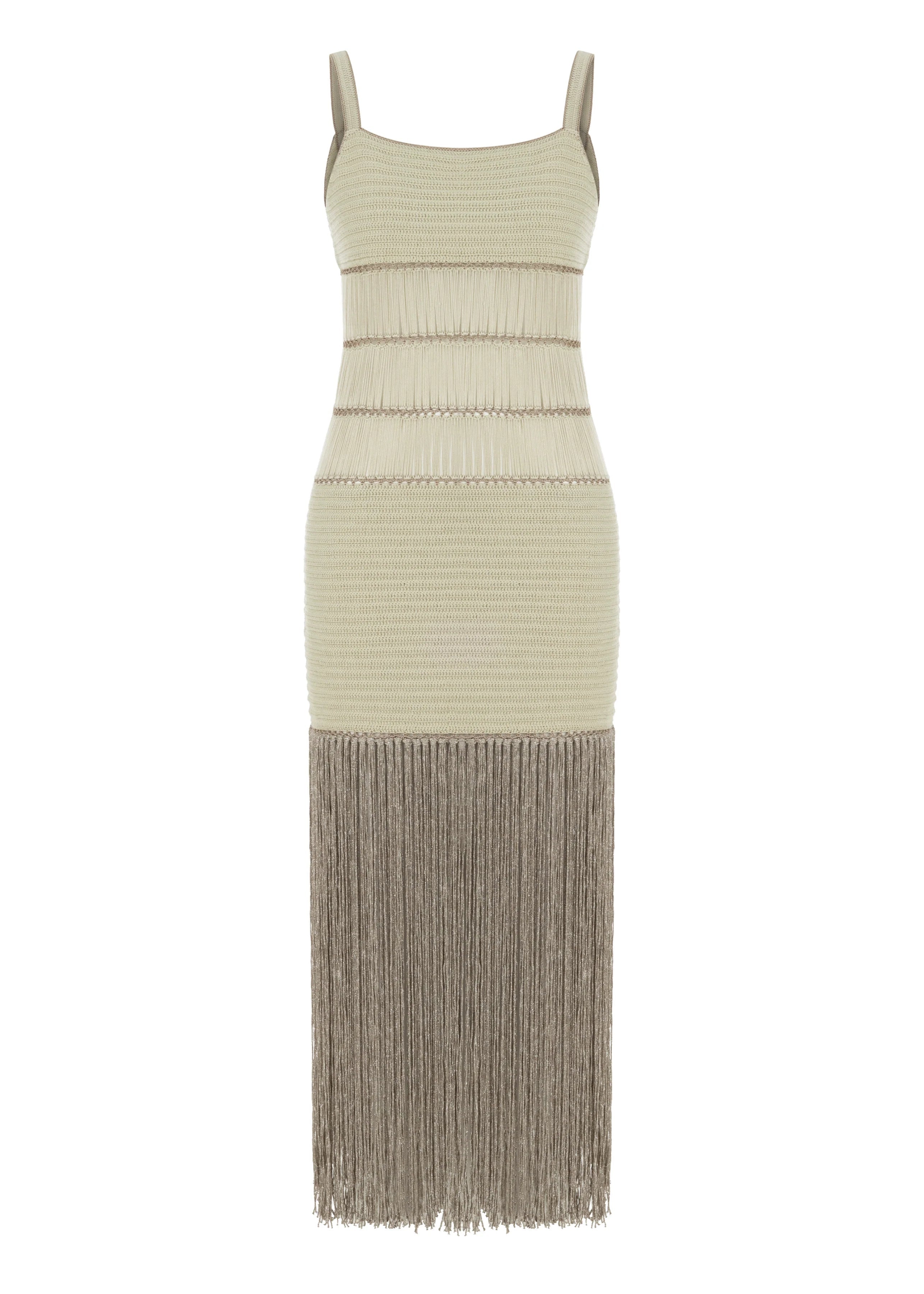 Bonbon Bronze Hand-Crocheted Fringe Maxi Dress