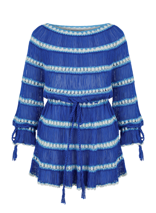 Blue crochet dress with white trim on a white background