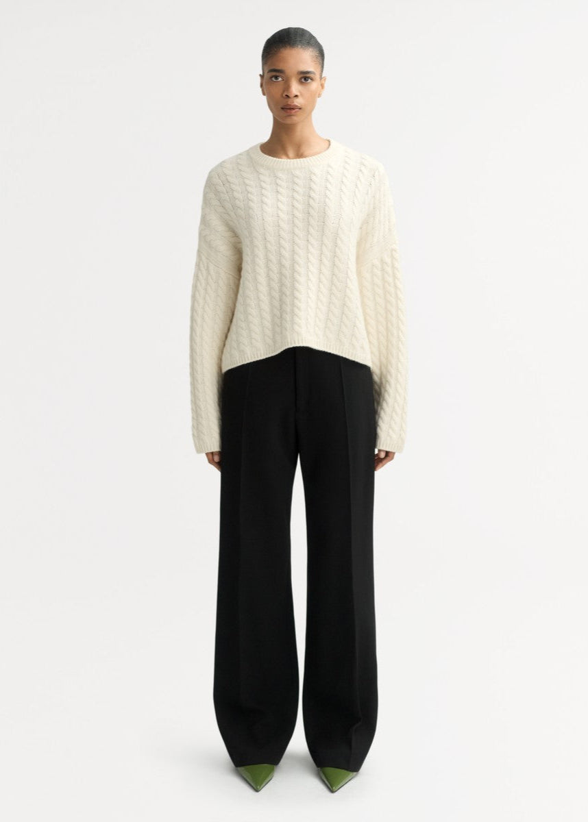 Feather White Cable Knit Cashmere Crewneck Sweater
