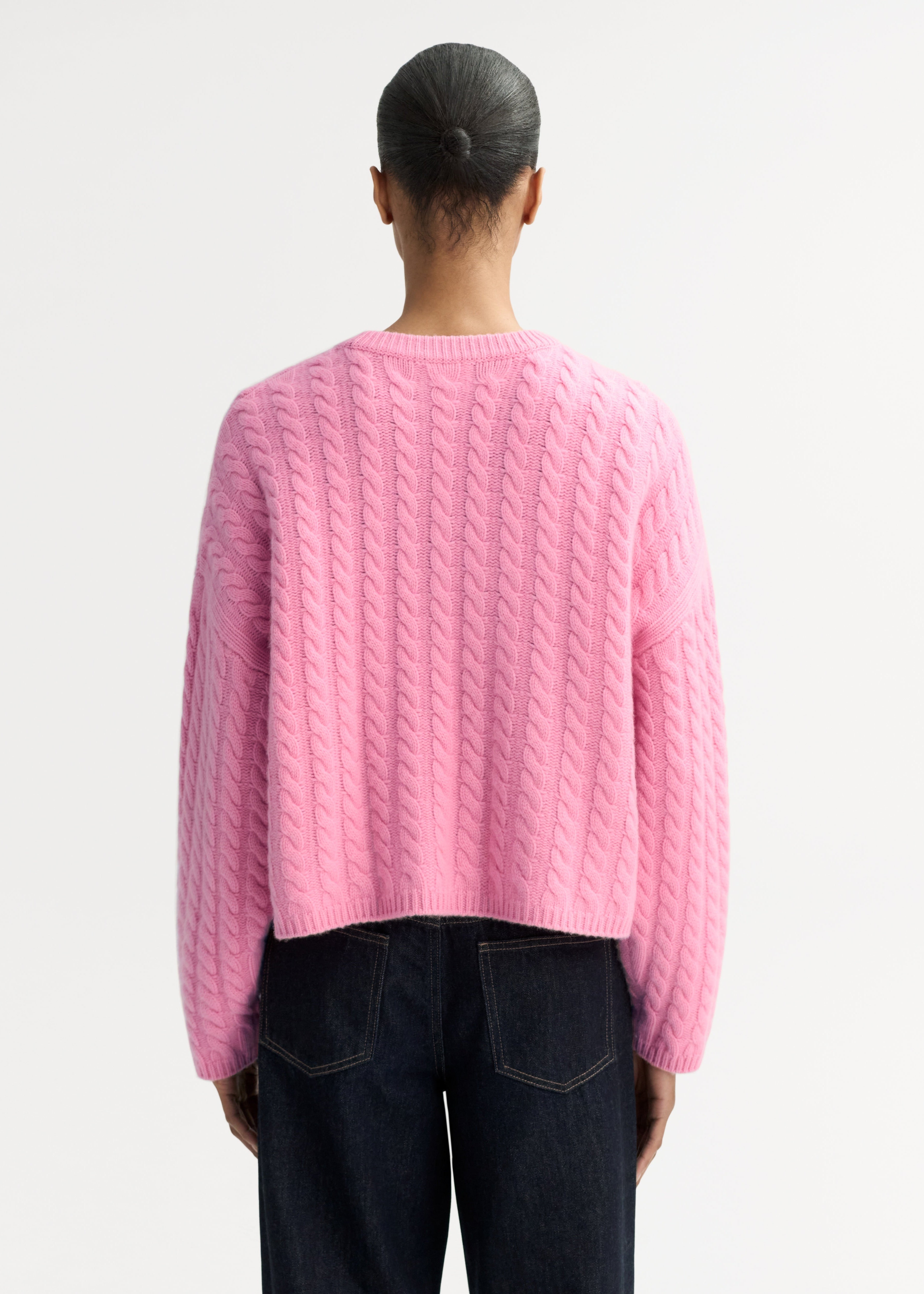 Pink Cable Knit Cashmere Crewneck Sweater