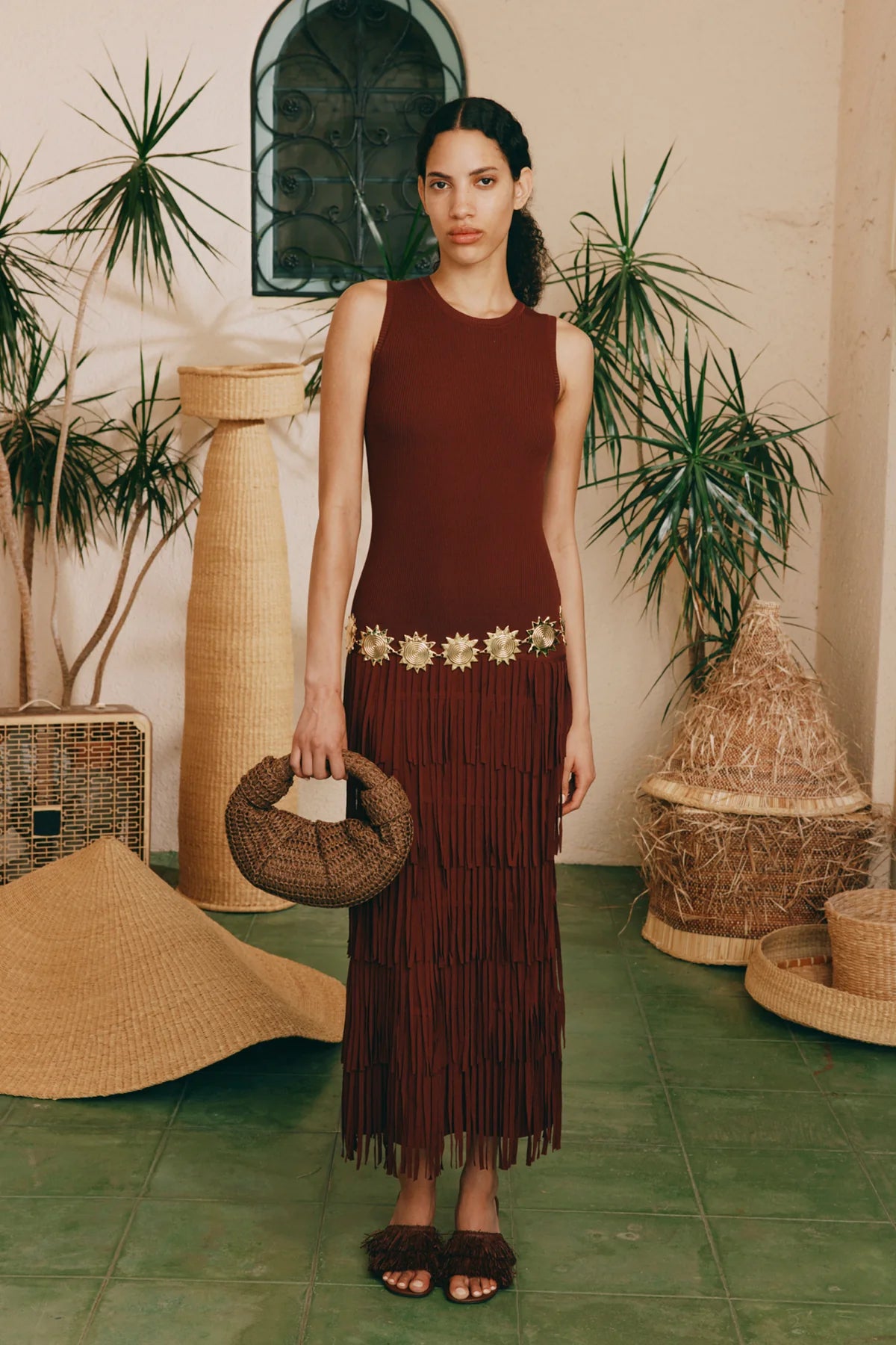 SIMONMILLER Ribbed Crewneck Sleeveless Fringe Maxi Knit Dress