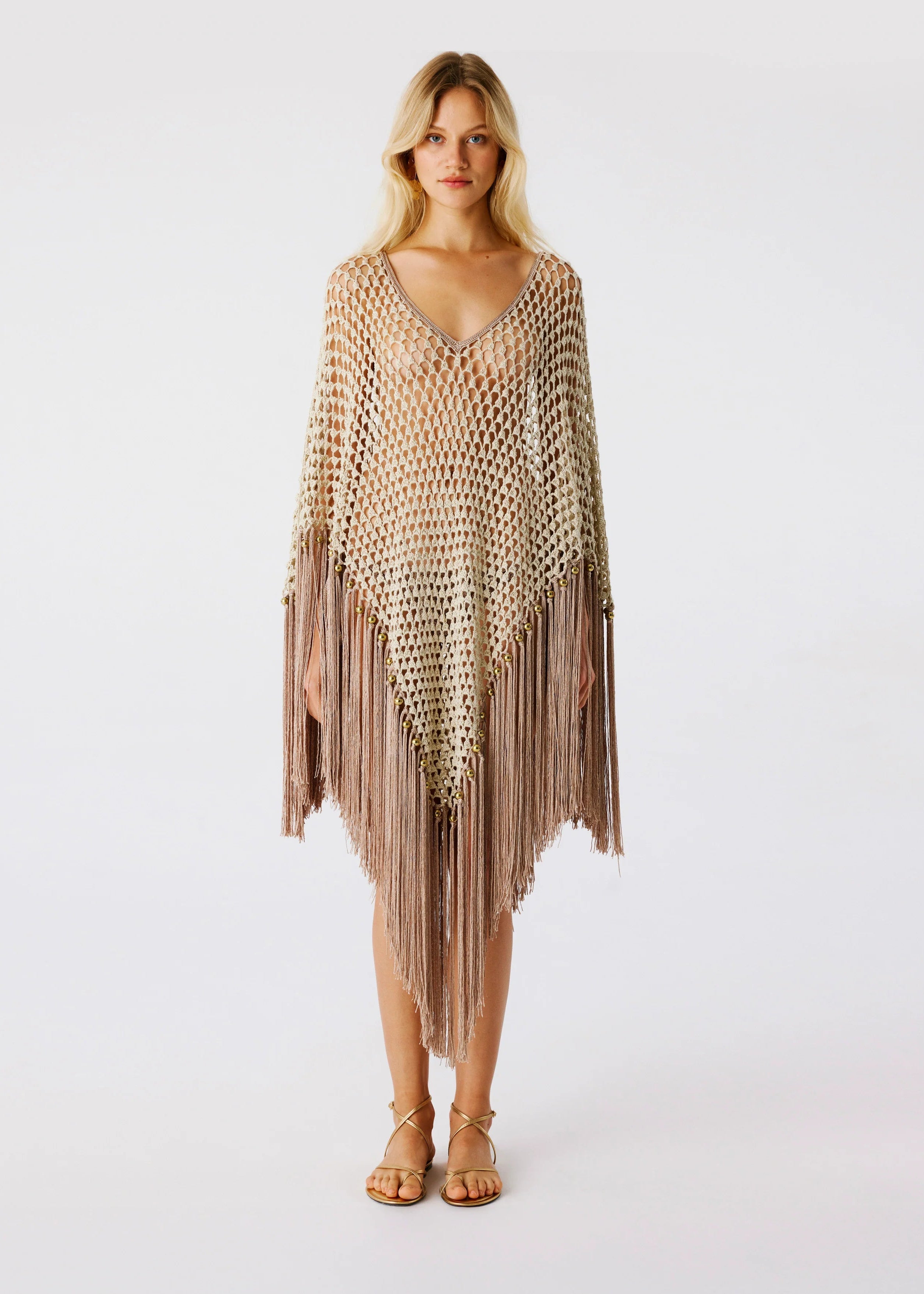 Model wearing bronze hand-crocheted tunic