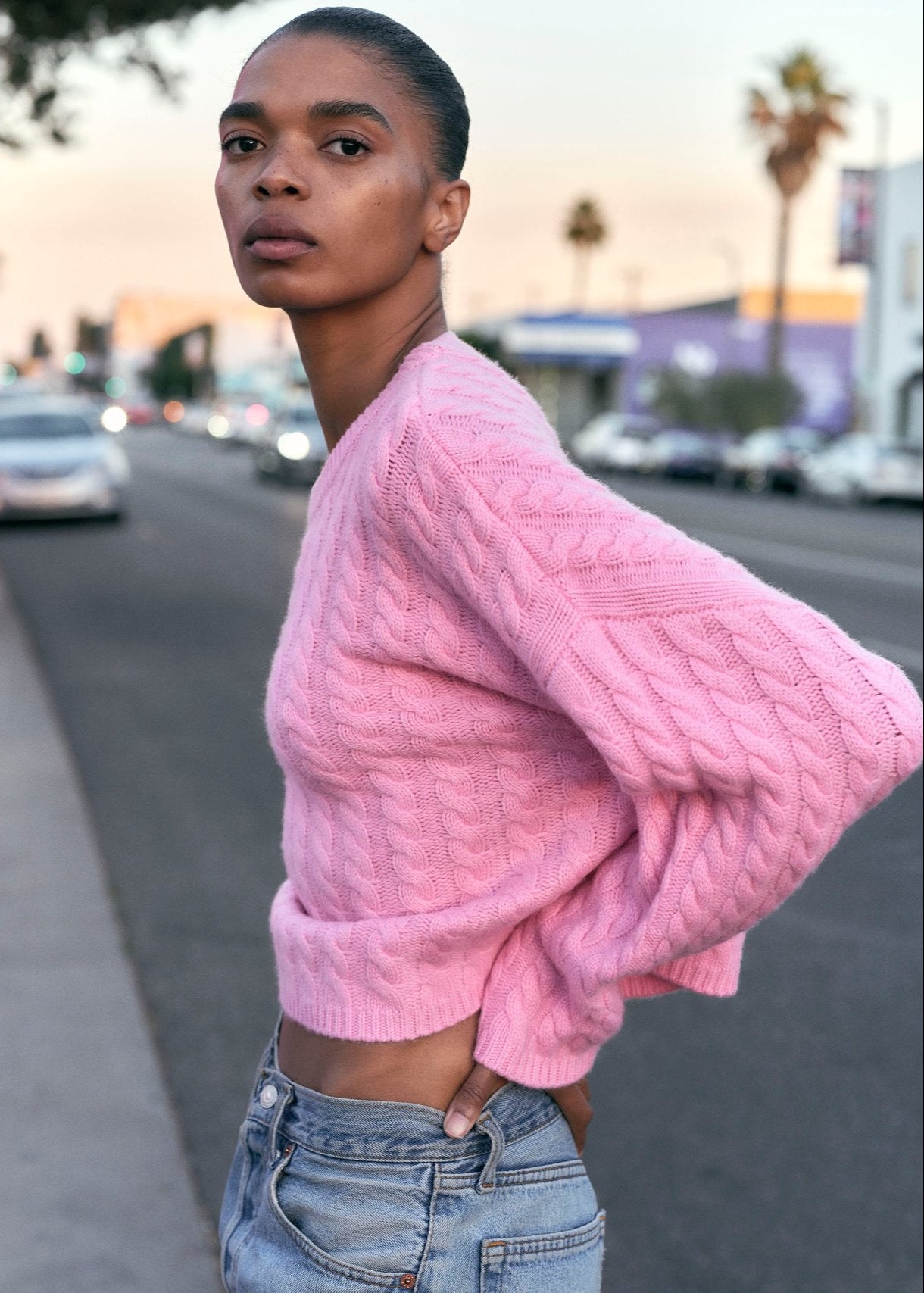 Pink Cable Knit Cashmere Crewneck Sweater