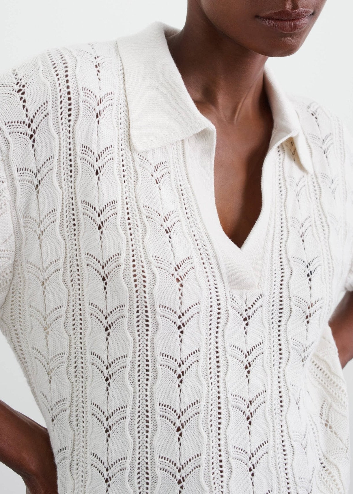 White Cashmere blend Crochet Pique Polo