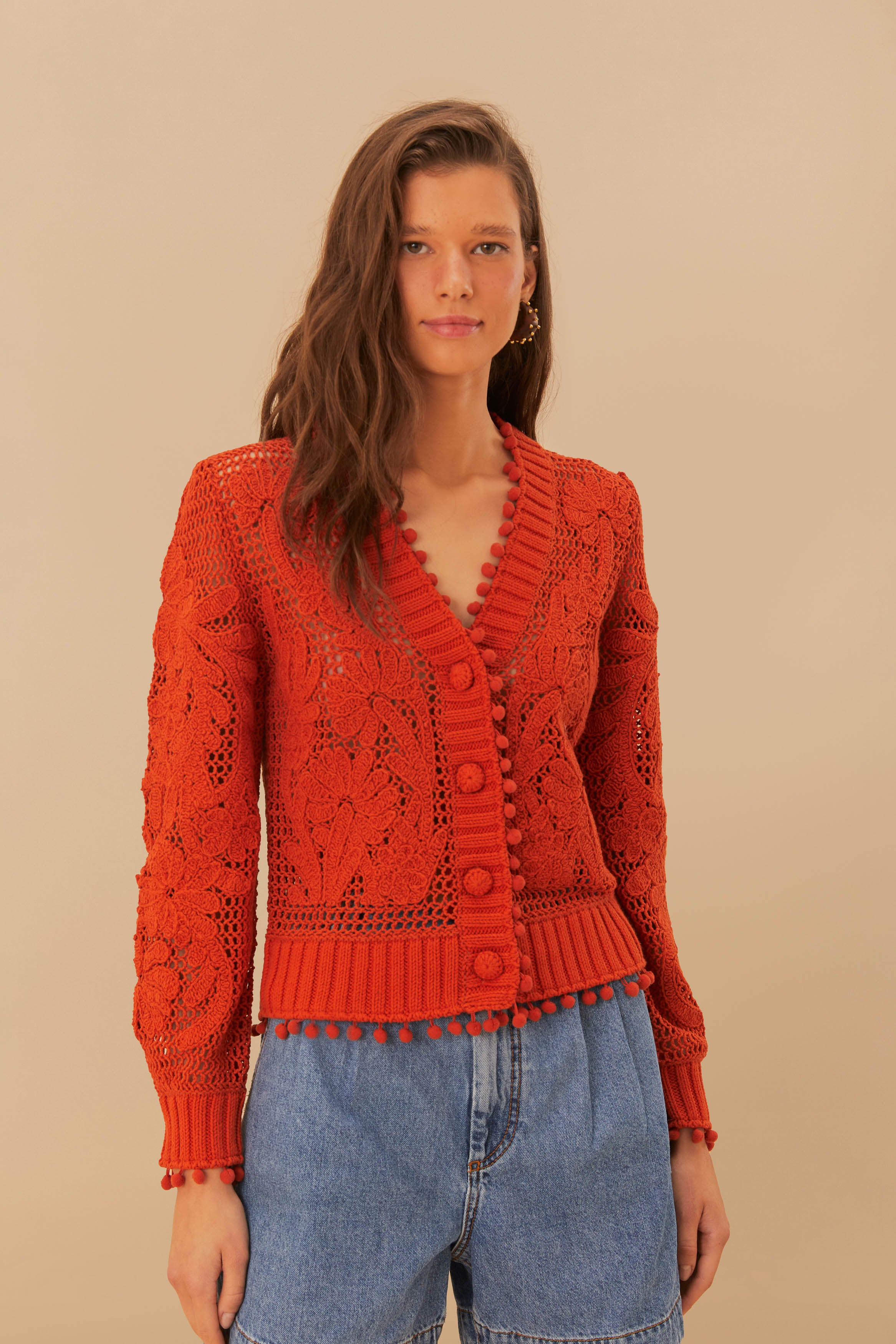 Orange Floral Knit Cardigan
