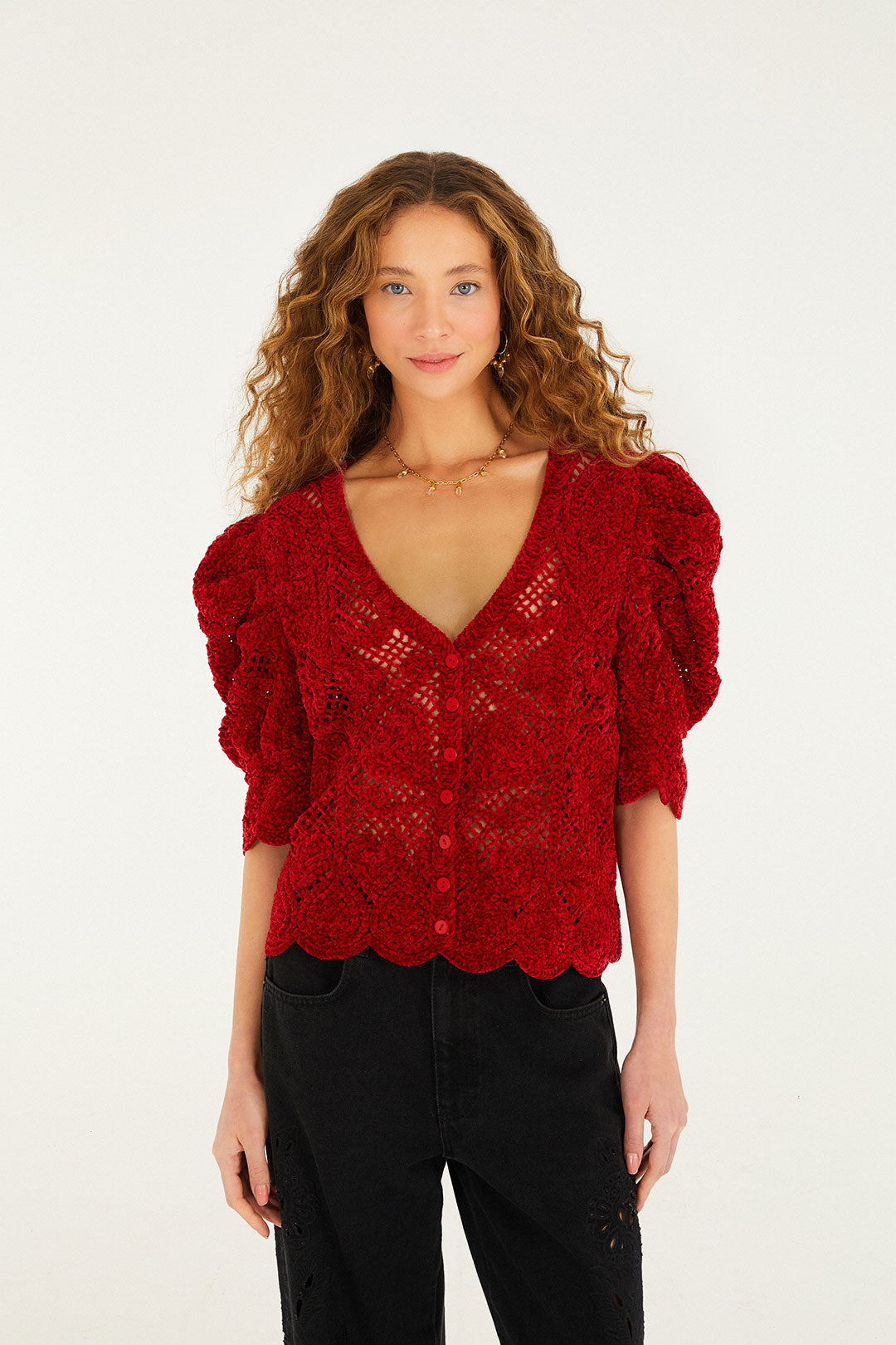 RED ROCOCO HEARTS CROCHET CARDIGAN