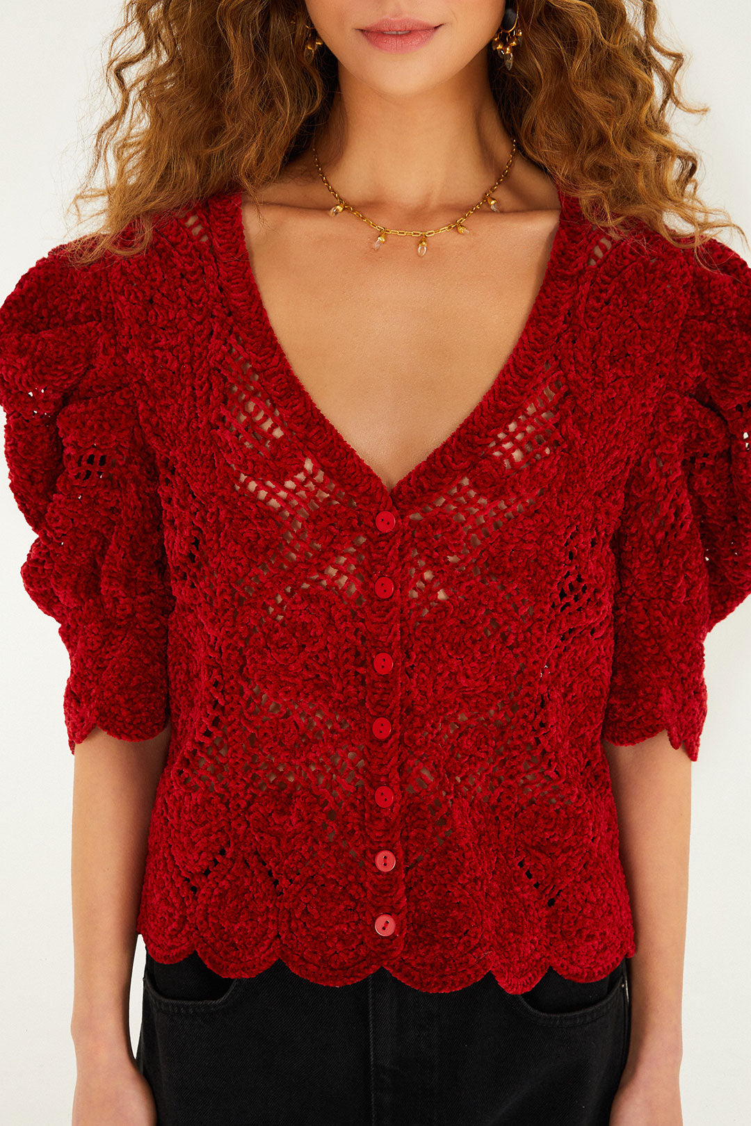 RED ROCOCO HEARTS CROCHET CARDIGAN