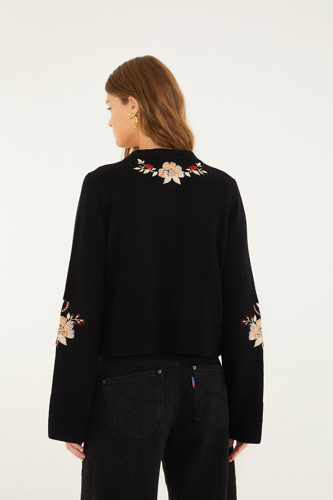 BLACK FLOWERS EMBROIDERED KNIT CARDIGAN
