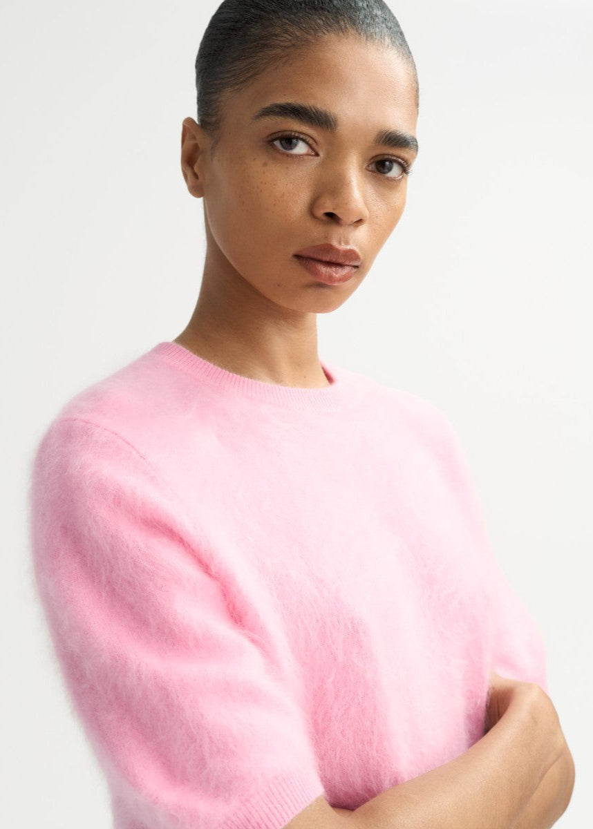 Short Sleeved Pink Brushed Cashmere Sweater