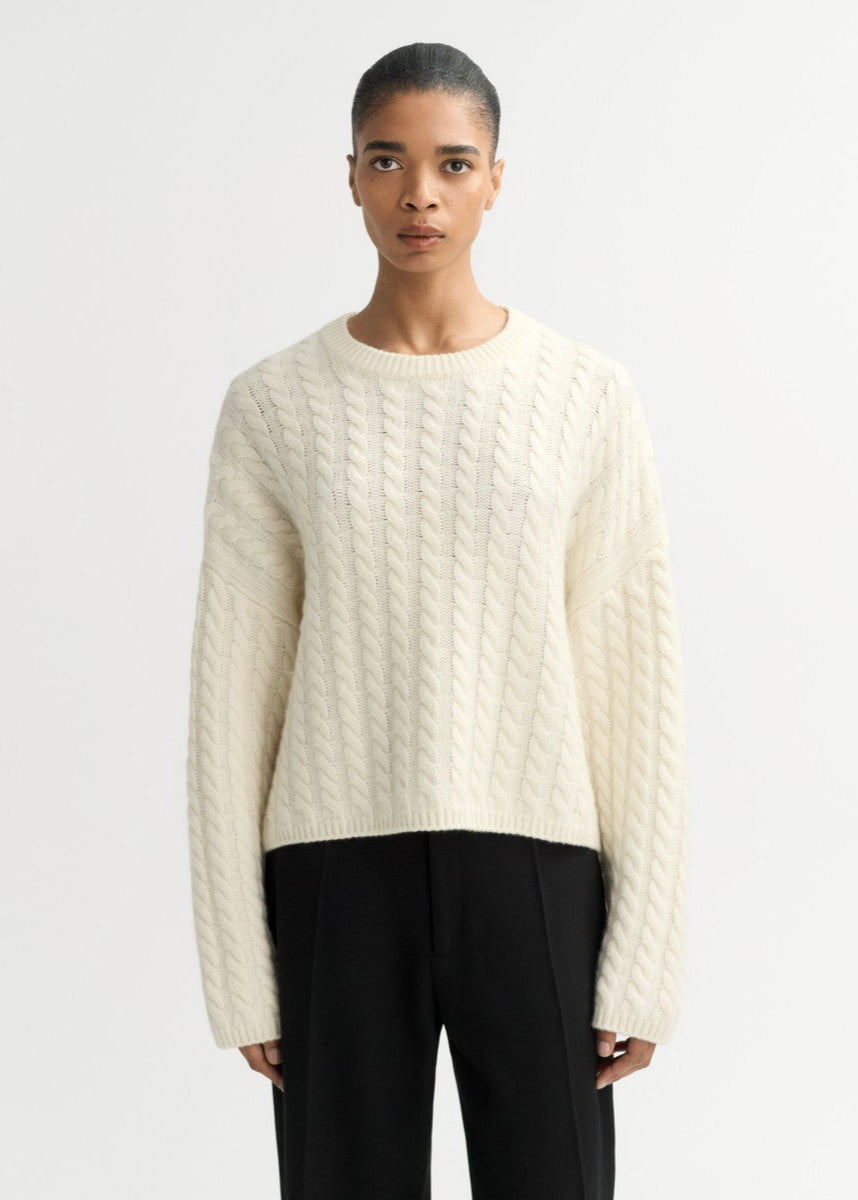 Feather White Cable Knit Cashmere Crewneck Sweater