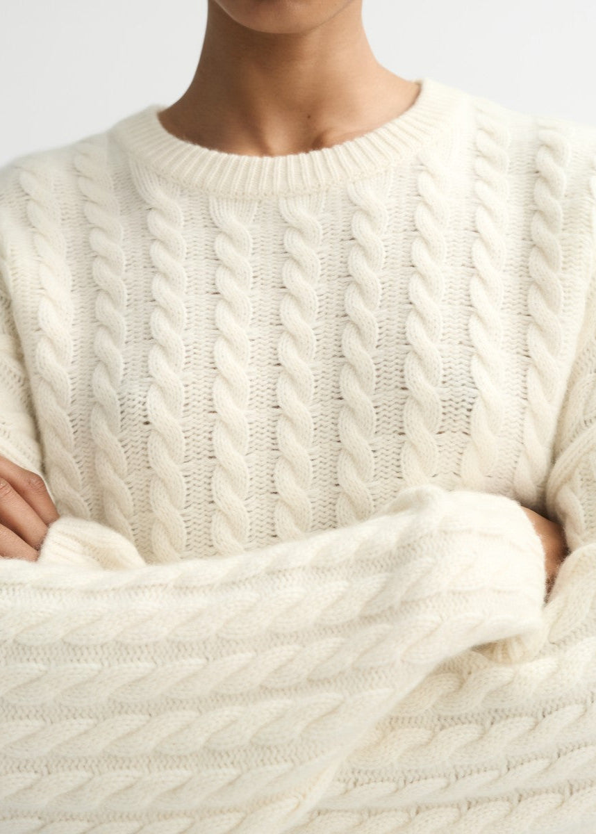 Feather White Cable Knit Cashmere Crewneck Sweater