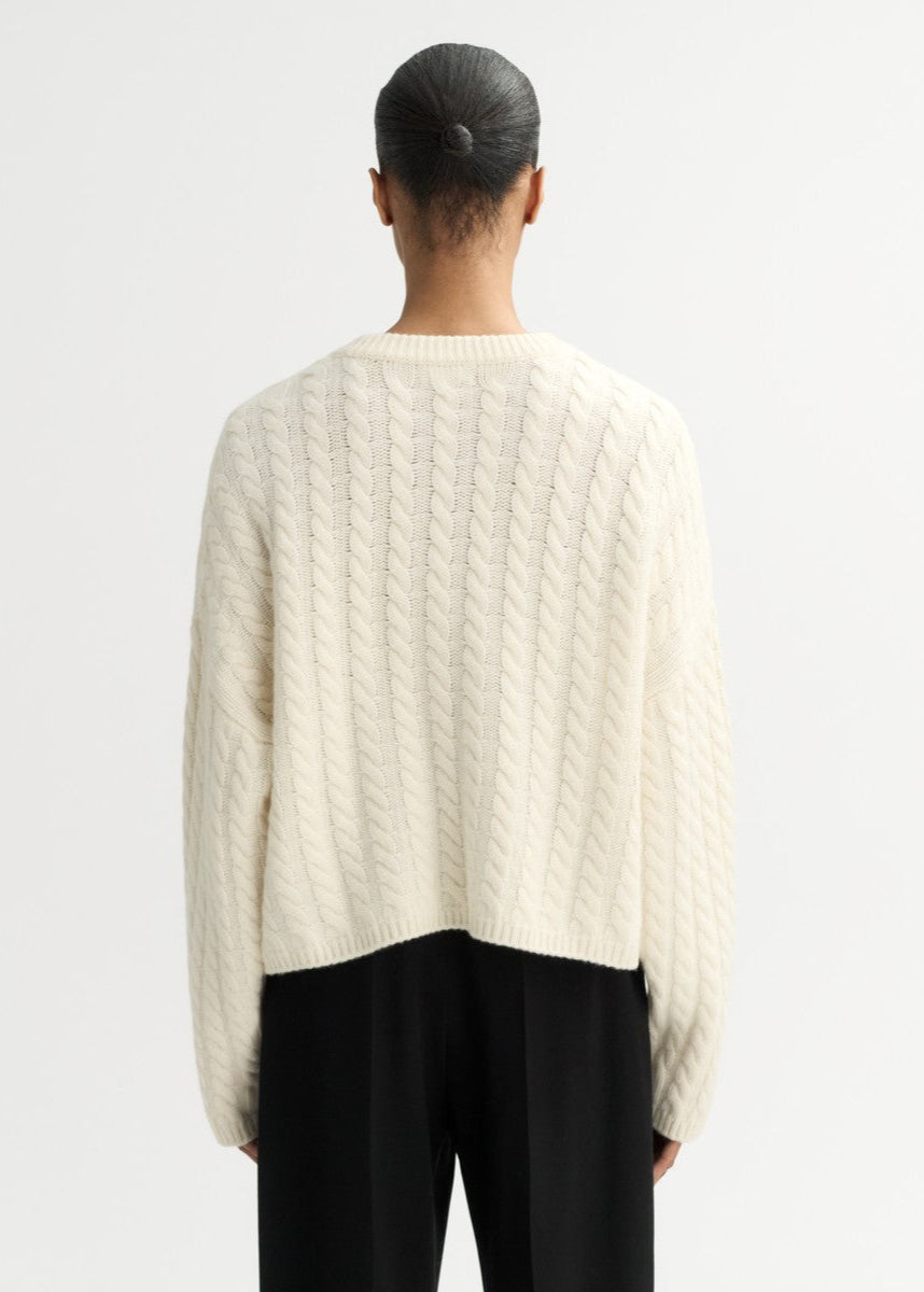 Feather White Cable Knit Cashmere Crewneck Sweater