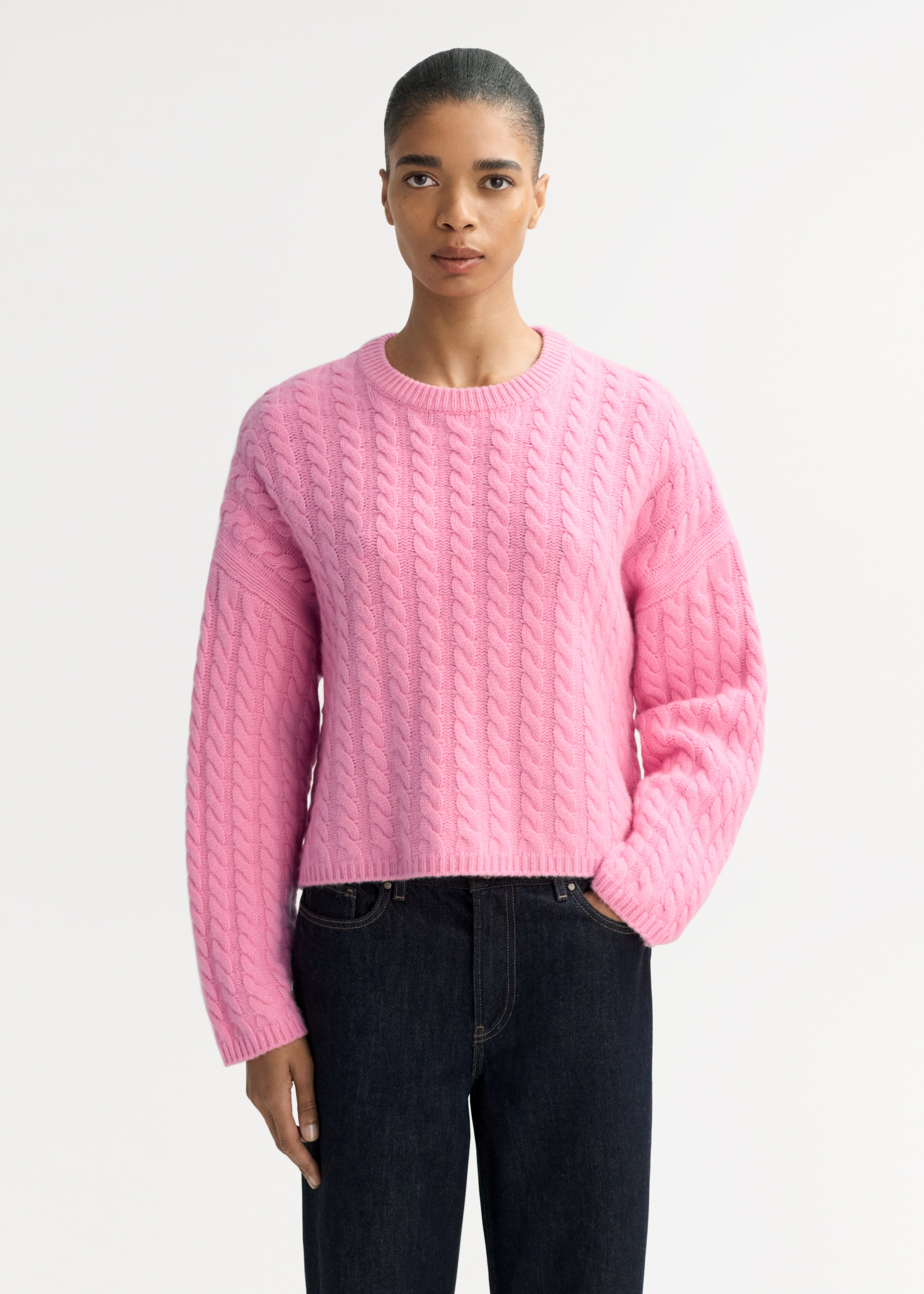 Pink Cable Knit Cashmere Crewneck Sweater