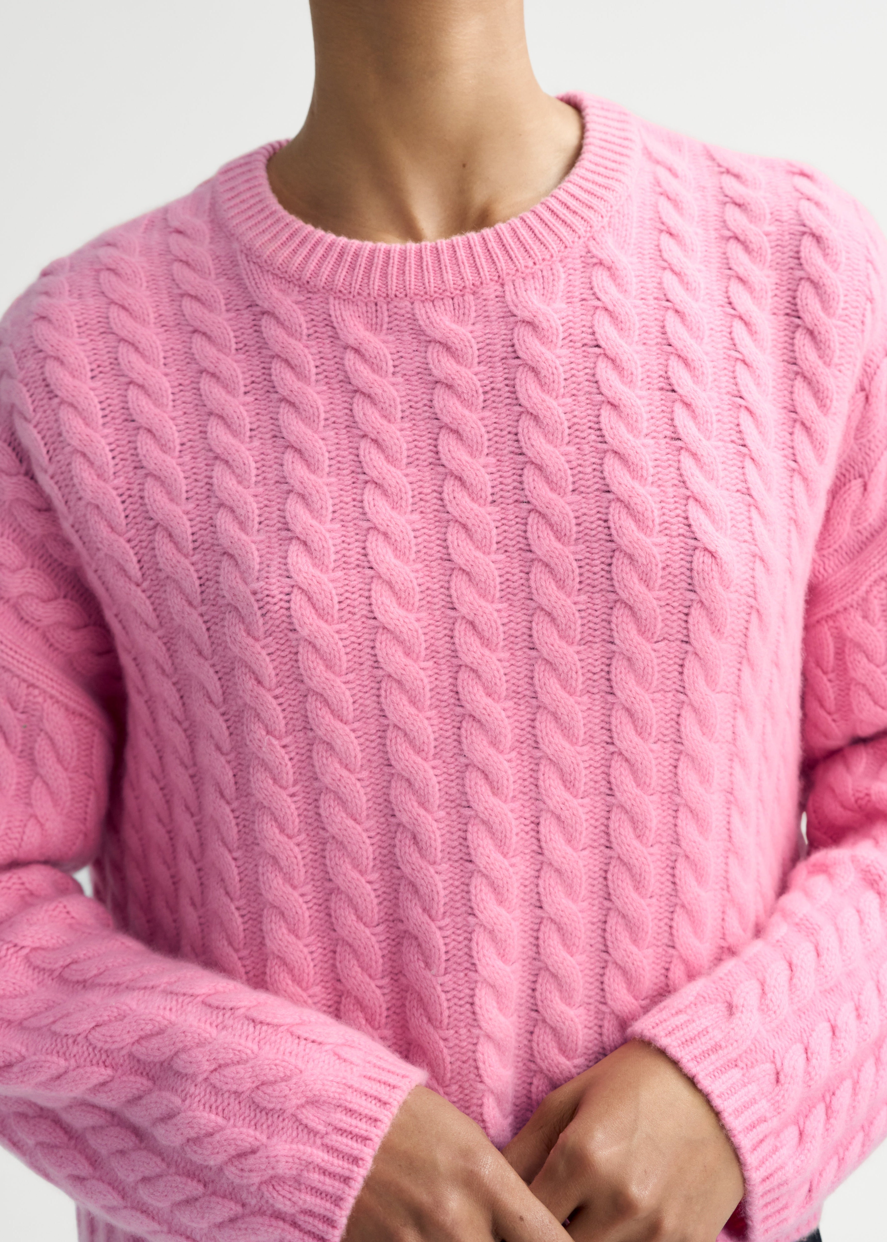 Pink Cable Knit Cashmere Crewneck Sweater