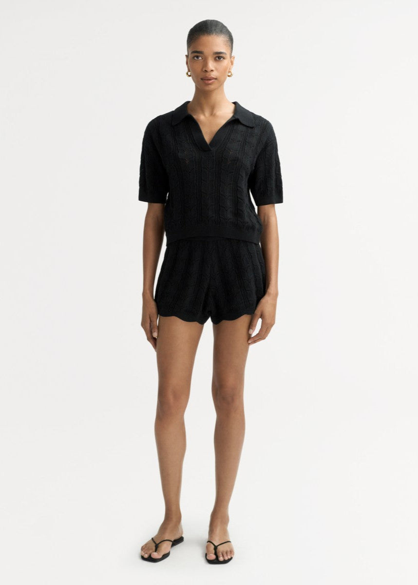Black Cashmere blend Crochet Pique Polo