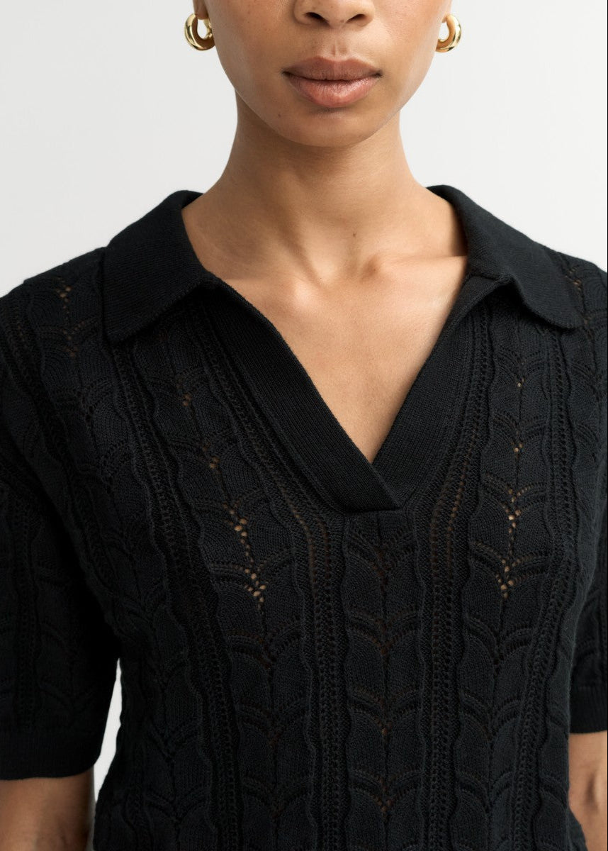 Black Cashmere blend Crochet Pique Polo