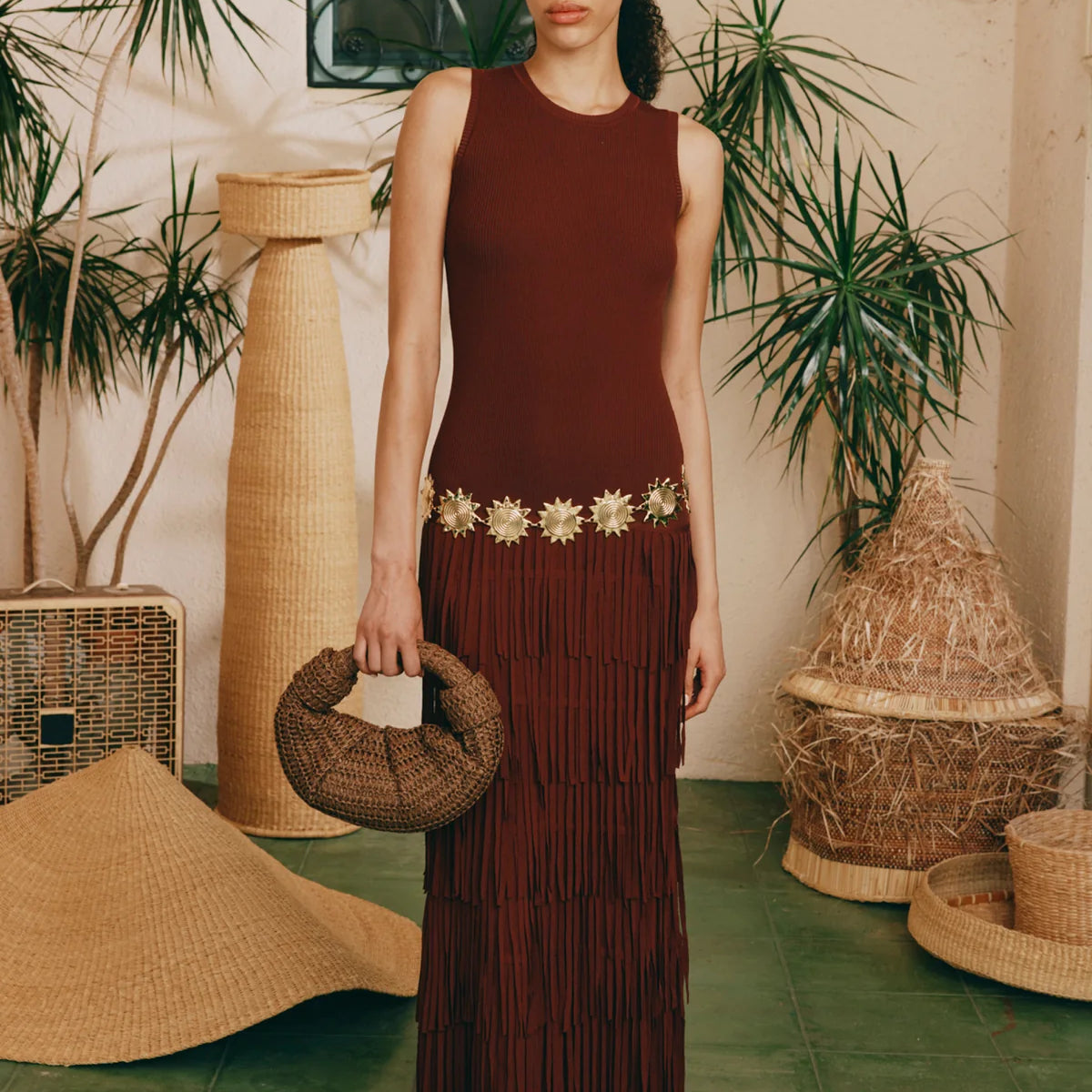 SIMONMILLER Ribbed Crewneck Sleeveless Fringe Maxi Knit Dress